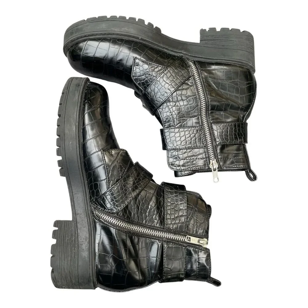 Chunky Moto Goth Punk Rock Aldo Black Patent Mock Croc Combat Boots Size 8.5